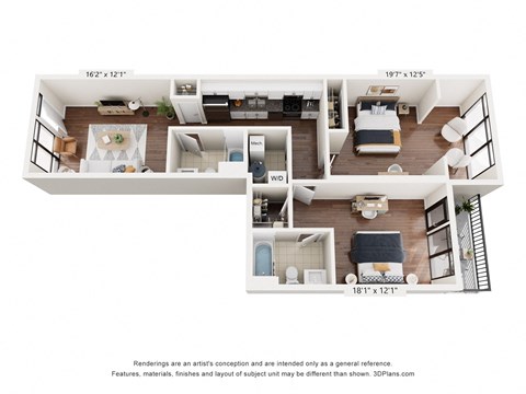 Floor plan for 2 beds, 2 baths, 1025 sqft